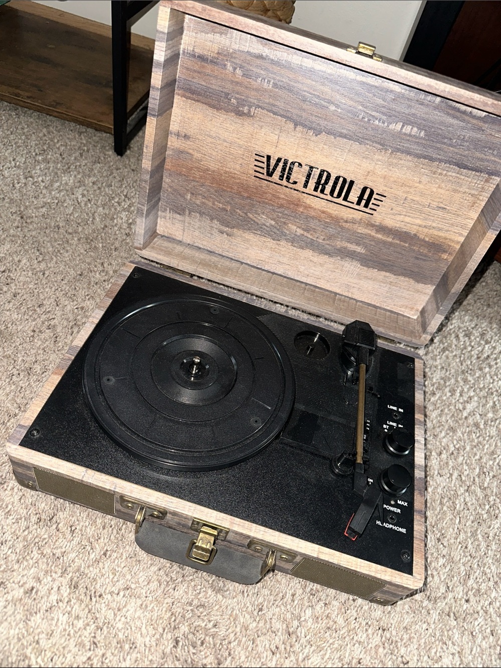 Victrola Portable Vinyl Record Player – Brown Wood Finish with Black Turntable